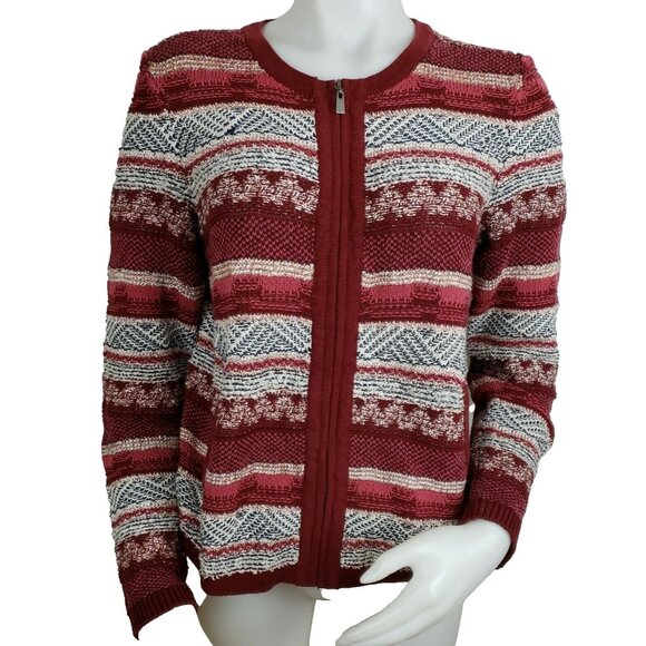 Ann Taylor Loft Sweater Womens Medium Textural Stripe Zip Cardigan Cotton Blend - Picture 1 of 12
